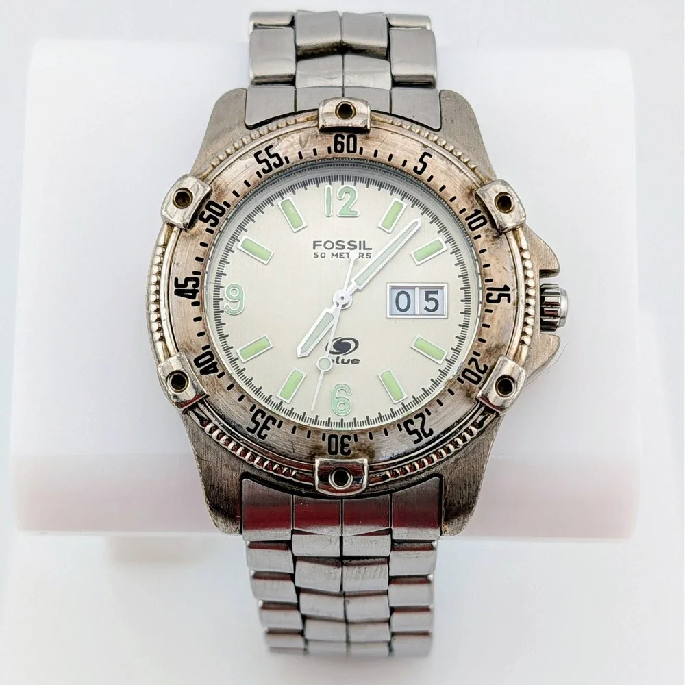 Fossil Blue AM-3252 Big Date SS Diver Watch Rotating Bezel Lume 40mm 8